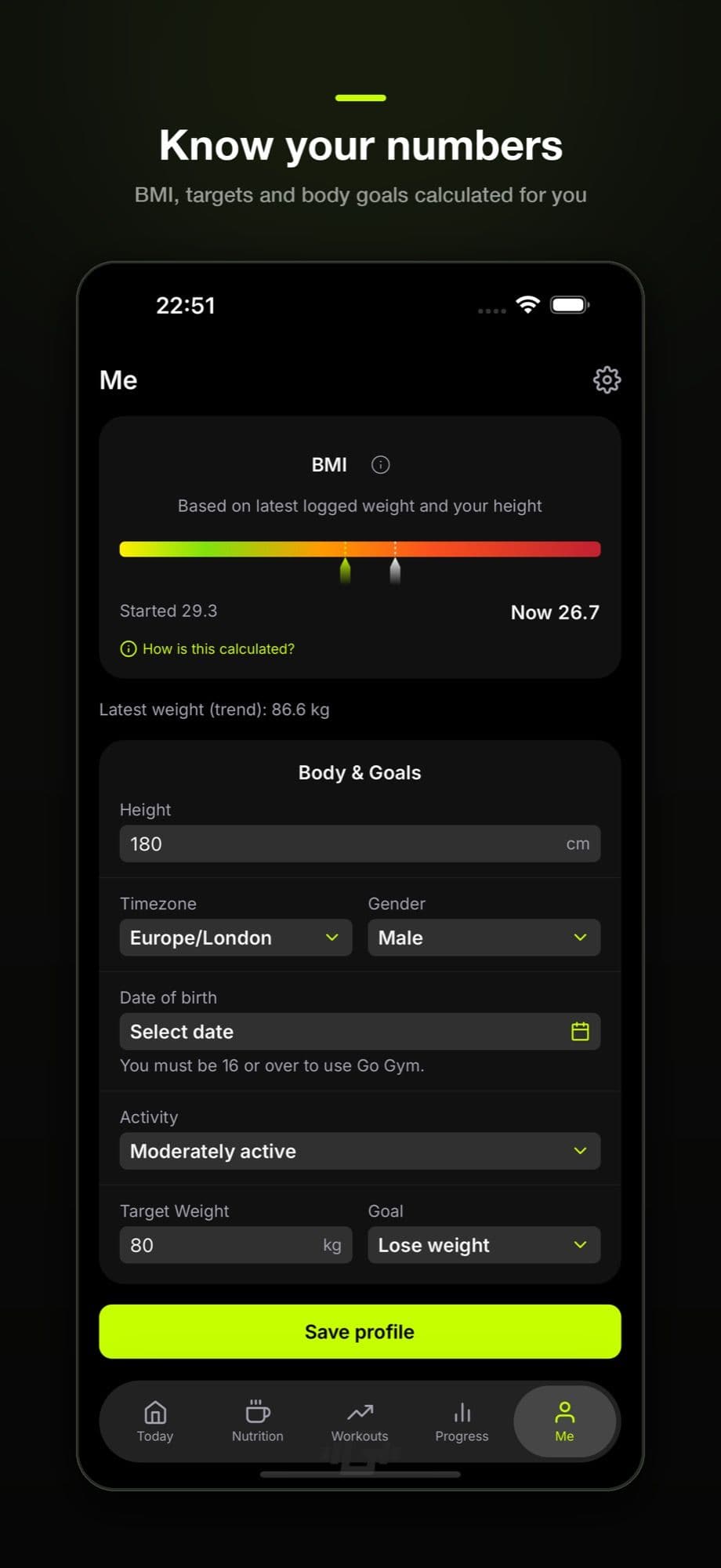 Go Gym app profile and settings screen