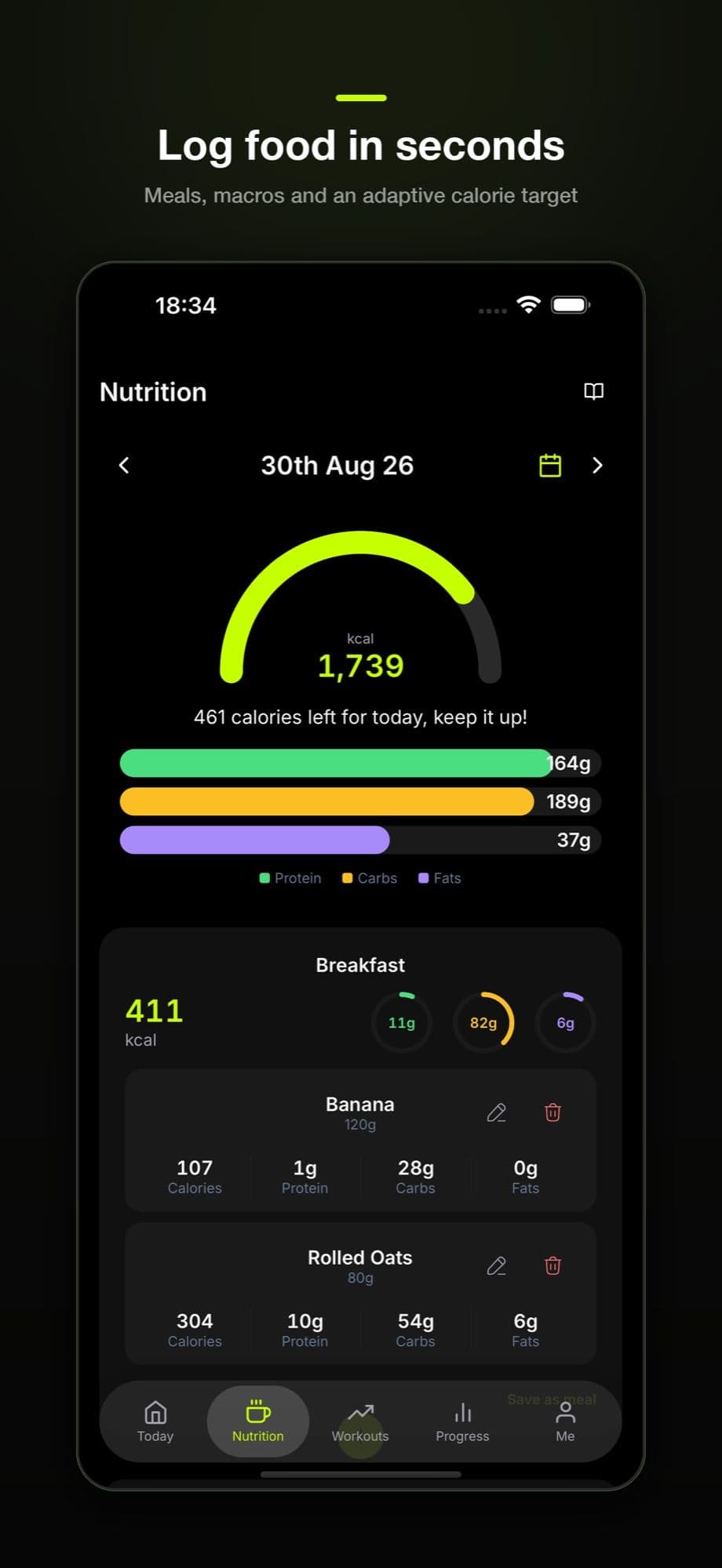 Go Gym app nutrition tracking screen