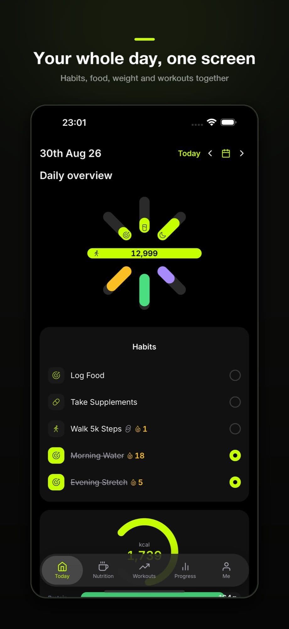 The Go Gym app Today screen, with a daily overview ring and a habits checklist