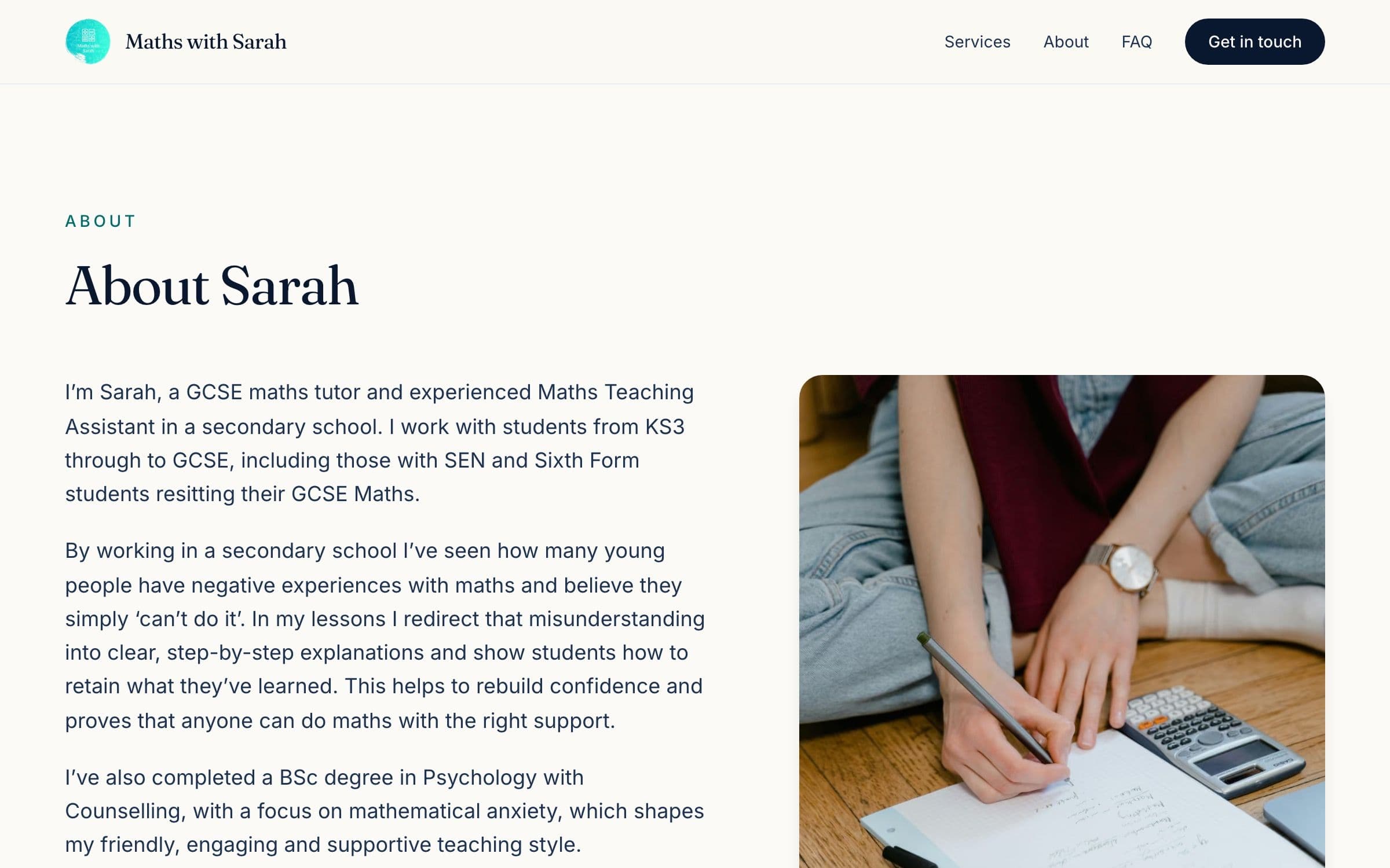 About Sarah section on the Maths with Sarah site