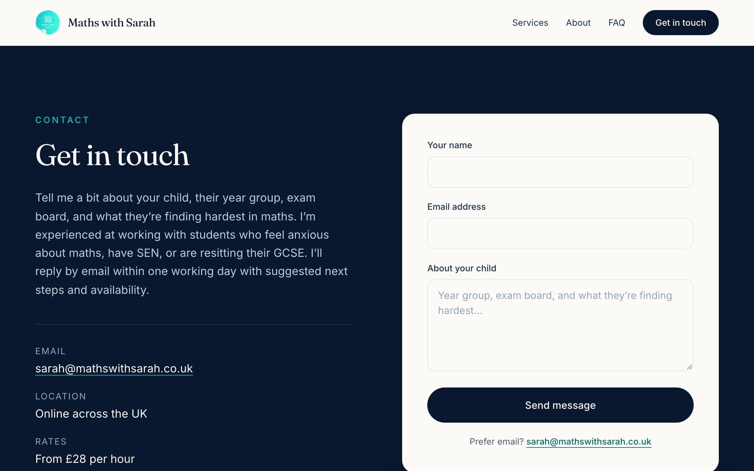 Contact form on the Maths with Sarah site