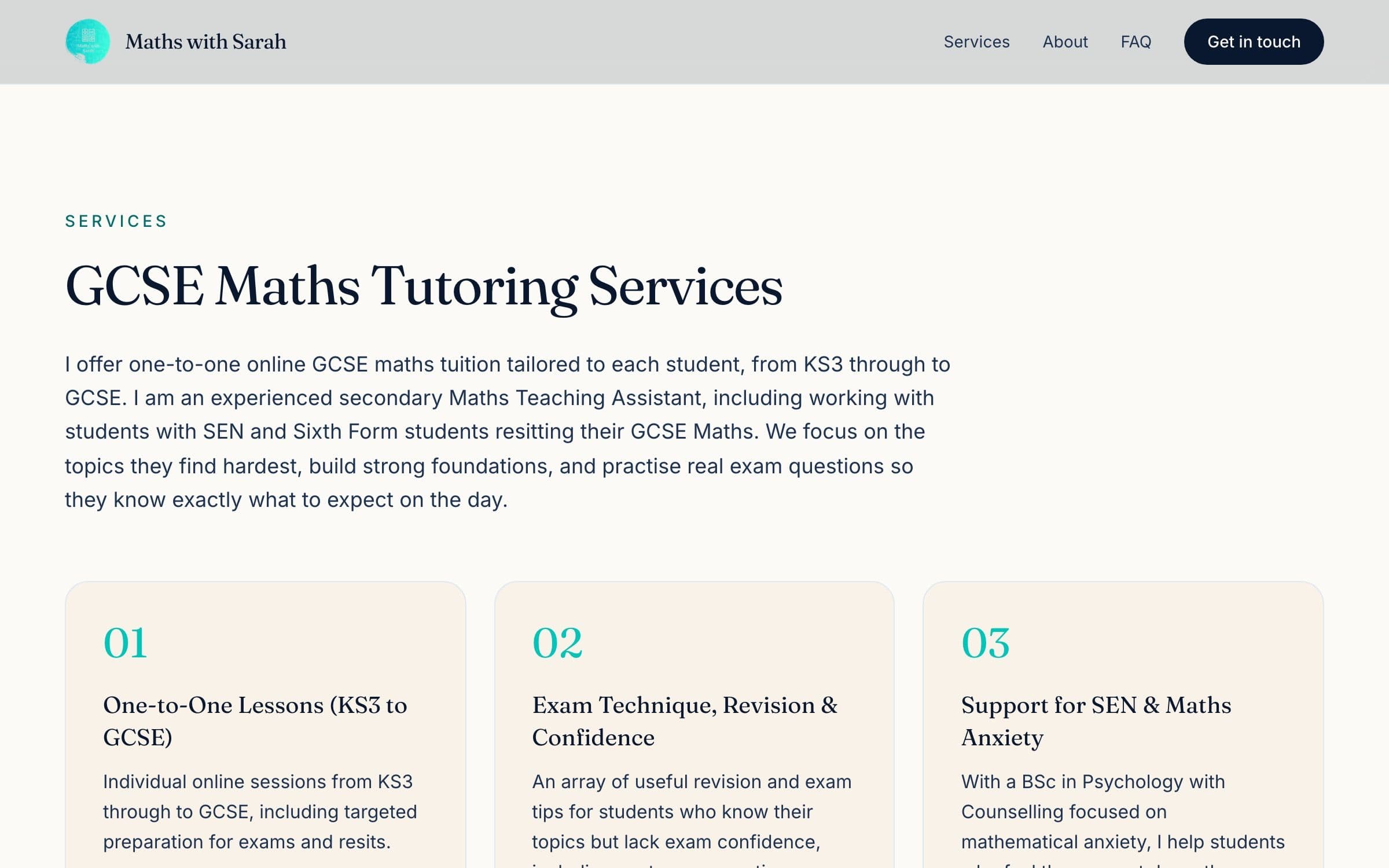 The services section of the Maths with Sarah website