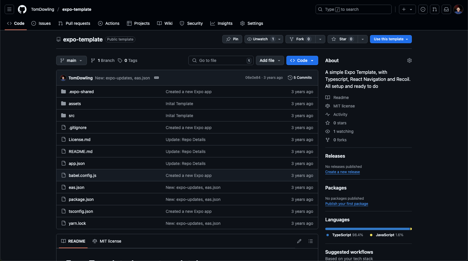 Expo Template GitHub Page Screenshot